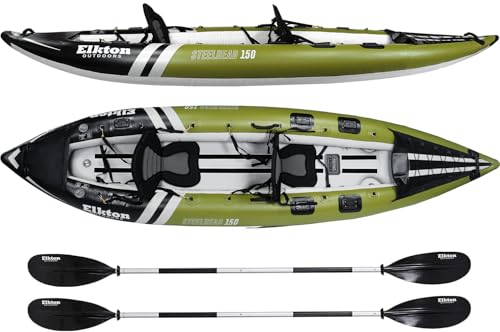 Elkton Outdoors Steelhead Inflatable Fishing Kayak Boat - 2 Person Angler Blow Up Tandem Kayak, Includes Paddles, Seats, Hard Mounting Points, Bungee Storage, Rigid Dropstitch Floor and Spray Guard