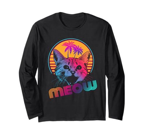Meow Cat Outrun Retro 80s Vintage Funny Cats Lover Manga Larga