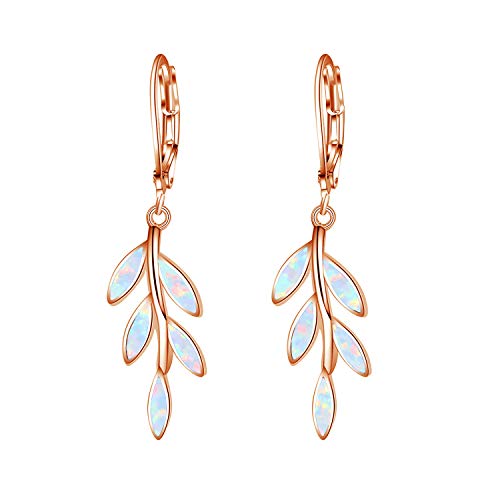 CiNily Leaf Small Dangle Drop Earrings for Women,Leverback Opal Earrings 14K Rose Gold Plated Opal Jewelry for Sensitive Ears