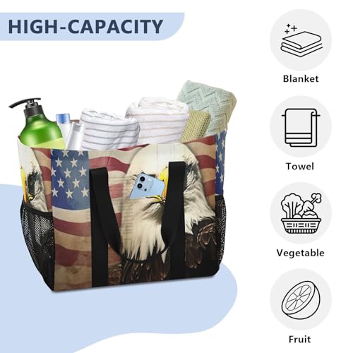 Nander American Flag and Eagle Foldable Tote Bag Waterproof Sandproof Women Beach Bag Handbag Gym Bag Travel Shopping Bag4