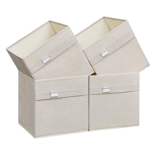 SONGMICS Cajas Almacenaje, Juego de 4 Cubos de Almacenaje, 30 x 30 x 30 cm, 2 Asas, Plegables, Tejido Oxford y Tejido Aspecto Lino, Lavables, Portaetiquetas Metálicos, Blanco Nube ROB230W04