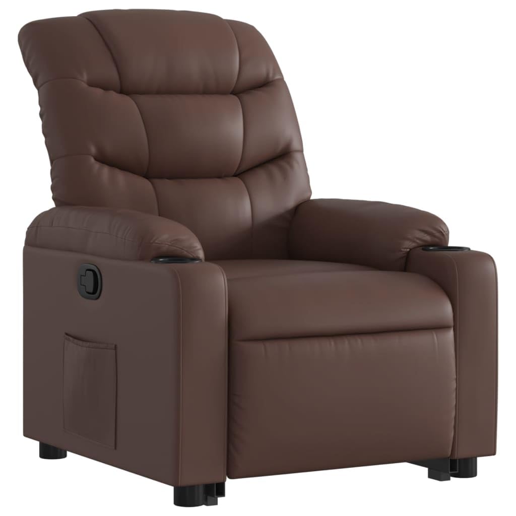 Sillón elevador reclinable marrón de piel sintética con función de elevación eléctrica y reclinación manual hasta 135 grados, cómodo y estable para personas mayores, marco