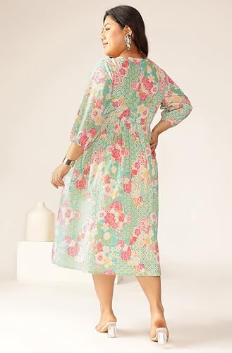 Image of Janasya Women's Plus Size Sage Pure Cotton Floral Printed A-line Dress