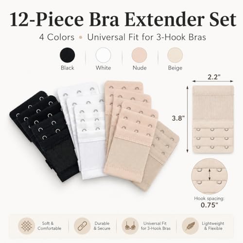 Image of 12 PCS Bra Extenders 3 Hooks, Elastic Extension Strap for Women, Comfortable and Soft Plus Size Bra Extender (Black, White, Nude, Beige)