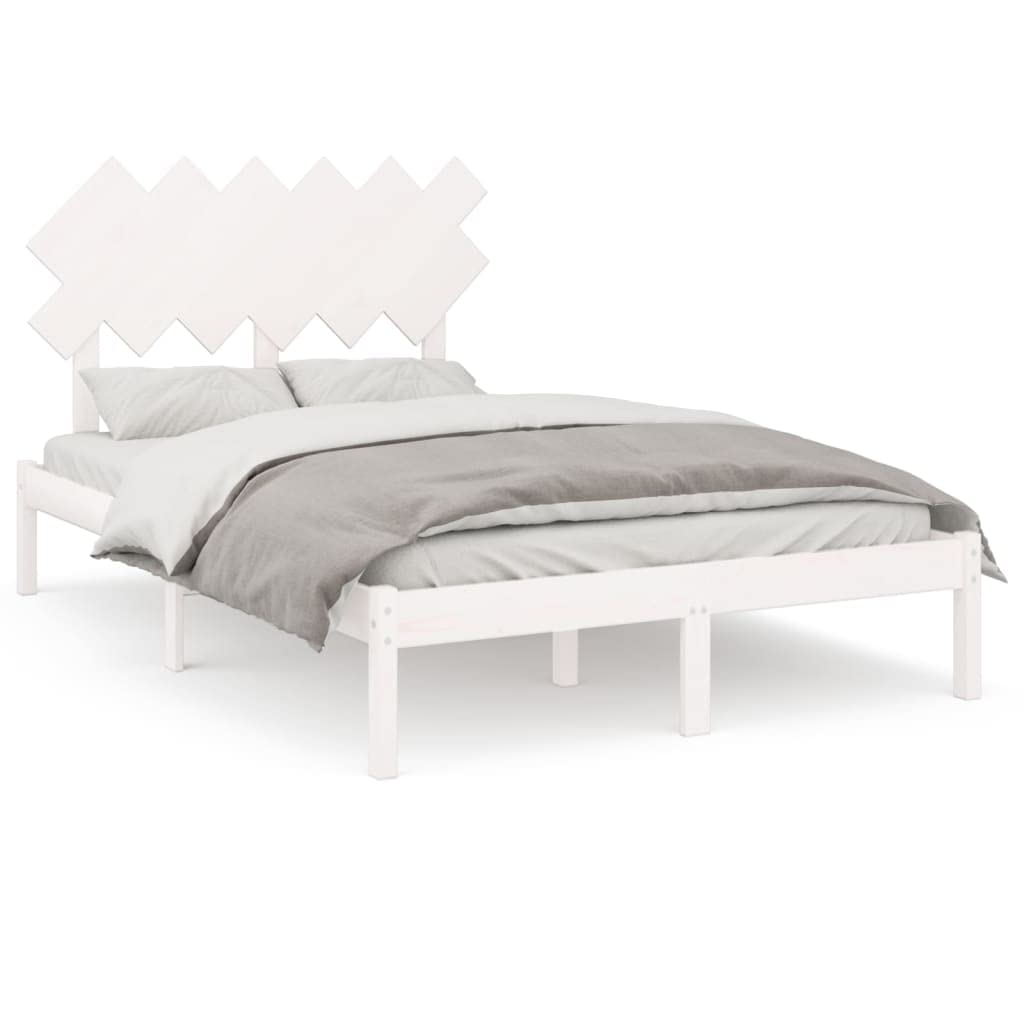 lite drewno sosnowe z zagłówkiem nowoczesny 135x190 cm biały | Rama łóżka lite drewno biała 135x190 cm z zagłówkiem nowoczesne łóżko do sypialni