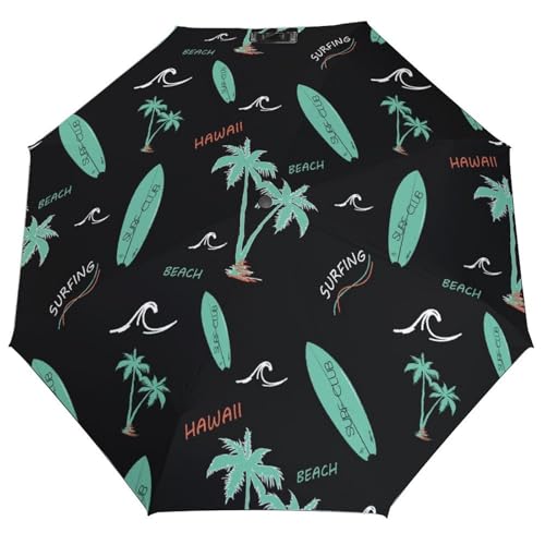 VOSERY Paraguas compacto verde para tabla de surf para la lluvia - Paraguas portátil plegable 3 para el sol - Paraguas de viaje para hombre y mujer con elementos esenciales de viaje