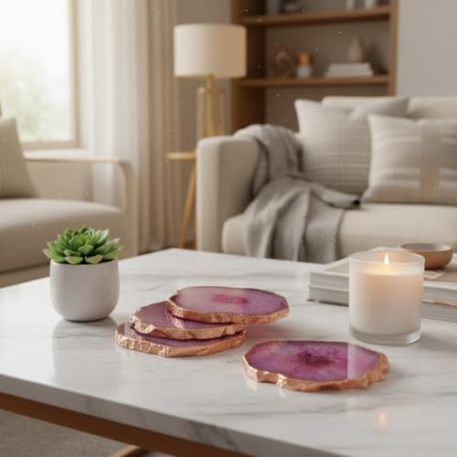 Image of Natural Agate Stone Tea Coasters Set | Premium Stone Coasters for Tea, Coffee & Glass | Heat Resistant Coasters for Dining Table, Office Desk & Home Decor | Pack of 4 | Color -Pink