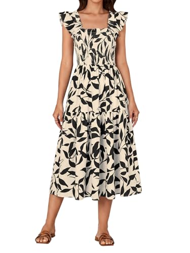 Image of Rooscier Women's A Line Smocked Midi Dress | Summer Sleeveless Square Neck Casual Sundress