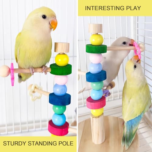 Image of Rotating Bird Perch Stand with Colorful Beads Wooden Parrot Standing Perch Toy Portable Parakeet Spin Training Perch Creative Playstand for Bird Cage Decor
