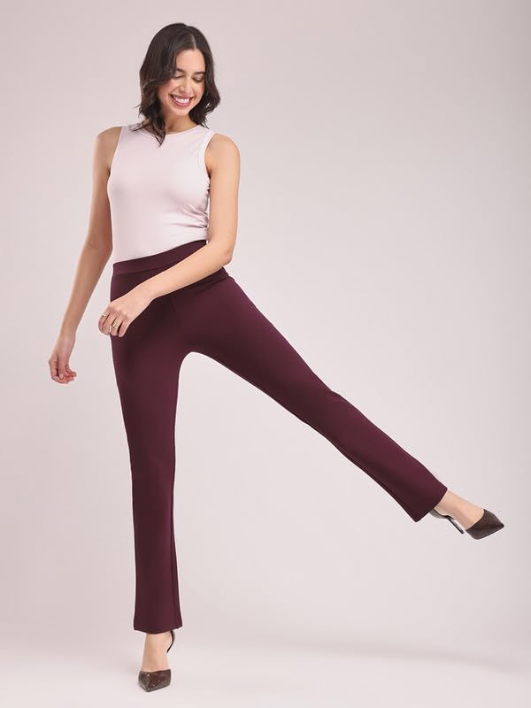 Image of FableStreet Women's Bootcut Stretch Livin Trousers | Nylon Rayon with Mid-Rise Waist | Solid Pattern & Plain Weave Fabric | Office Wear & Business Meetings