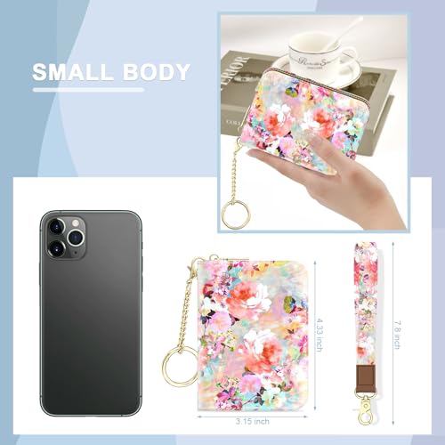 Image of Aiawoxc Credit Card Holder, Small RFID Wallet Slim Leather Card Organizer Case with Zipper and Wristlet Strap, Watercolor Flowers