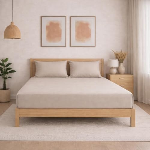 Image of THE HOME STYLE Solid Plain Cotton Feel Fitted Bedsheet King Size (72x78 inches) | 2 Pillow Covers | 300 TC | Elastic Fit | Fits Upto 8 Inch Mattress (Vanilla)