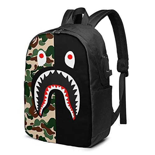 Men Women Packable Backpack with USB Charging Port, Durable Big capacity Work Bag, Book Bags Daypack for Outdoor Hiking Business, Camo B-a-pe Shark Art
