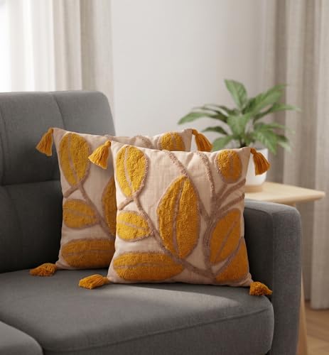 Image of Furnistitchs Handmade Cotton Bohemian Home Decor Cushion Cover 24x24 inches / 60x60 cms - Boho Chic Couch Sofa Throw Living Room Bedroom Cushions (1, Mustard Leaves)