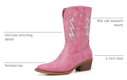 GLOBALWIN Women's Pink Cowboy Boots Western Mid Calf Disco Cowgirl Boots For Women Chunky Low Heel 7.5M — view 3