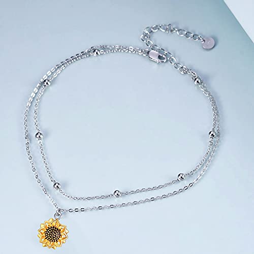 Image of POPLYKE 925 Sterling Silver Double Layered Chain Evil Eye Daisy Sunflower Butterfly Anklets for Women Holiday Beach Crystal Ankle Bracelet Dainty Evil Eye Jewelry