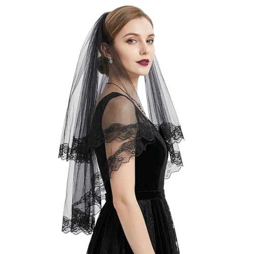 Gemoioio Black Lace Veil Wedding Veil 2 Tiers Short Tulle Gothic Black Veils Embroidered Floral Edge with Comb for Women Bride Bridal Shower Halloween