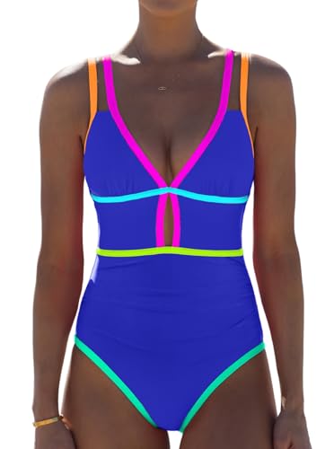 Image of popvil Women One Piece Swimsuit 2026 Tummy Control Sexy Cutout Neon Color Block Bathing Suit Slimming Adjustable Swimwear