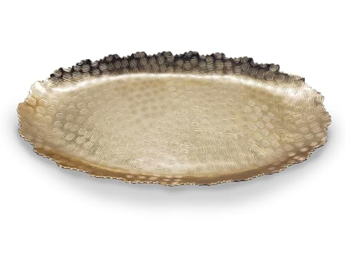 Luene Hammered Brass Oval Tray with Rough Decorative Edge – Gold Color Large Festive Holiday Serving Dish Platter for Kitchen - Decorative Tray for Vanity and Home Decor - Vintage Style Boho Decor