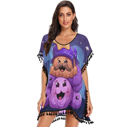 KAAVIYO Doodle Style Cute Octopus Women's Beach Cover Up Chiffon Tassel Swimwear Swimsuit Coverups for Girl