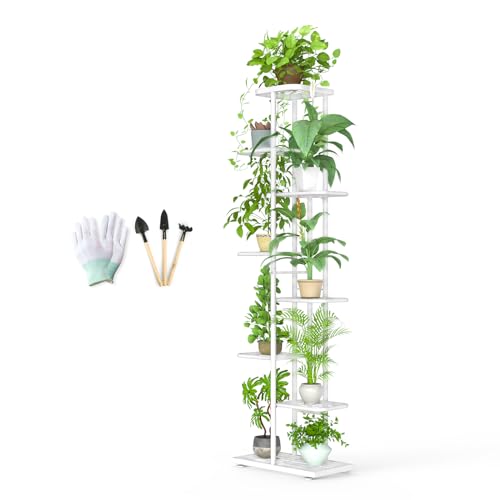 MAIJIAJU Metal Plant Stand Indoor Outdoor 8 Tier Plant Shelf with Gardening Tools and Gloves, 141cm Tall Flower Stand Organizer Corner Shelf Unit Display Rack for Garden Patio Living Room, White