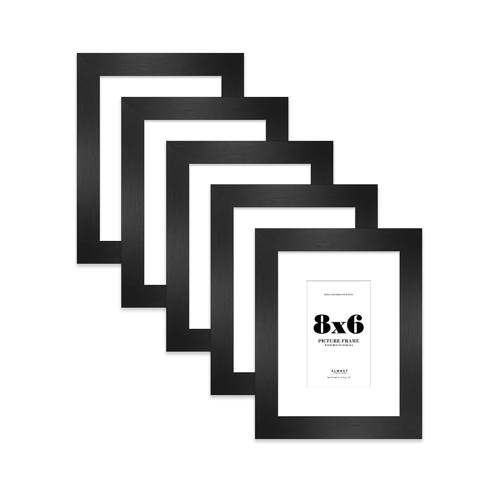 8x6 Black Frame With Mount for 5x3 Pictures 28mm Edge Portrait and Landscape Display with Wall Hooks and Kickstand, 5 Pack