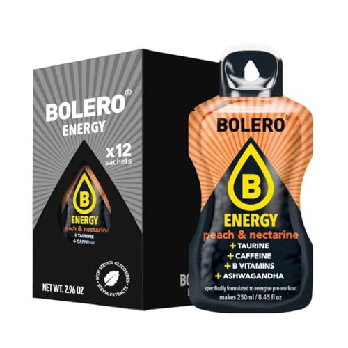Bolero Energy - Bebida en polvo sin azúcar, vegana y sin gluten, para estilos de vida activos (12 x 7 g, nectarina de melocotón)