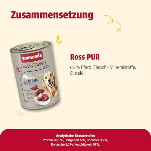 animonda GranCarno Hunde Nassfutter Single Protein Ross pur (6 x 400g), getreidefreies Hundenassfutter ohne Zucker, für ausgewachsene Hunde, mit frischem Pferdefleisch und Innereien
