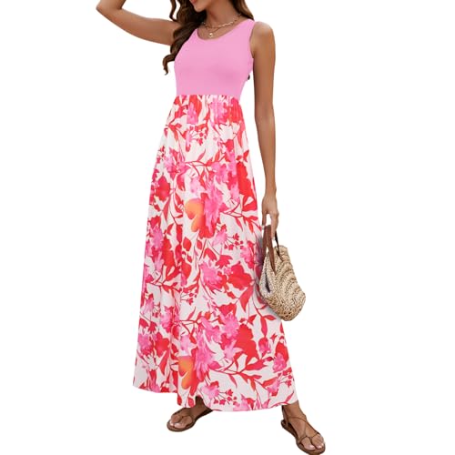 Image of Sherosa Women Boho Chevron Striped Floral Printed Summer Sleeveless Tank Long Maxi Party Dress