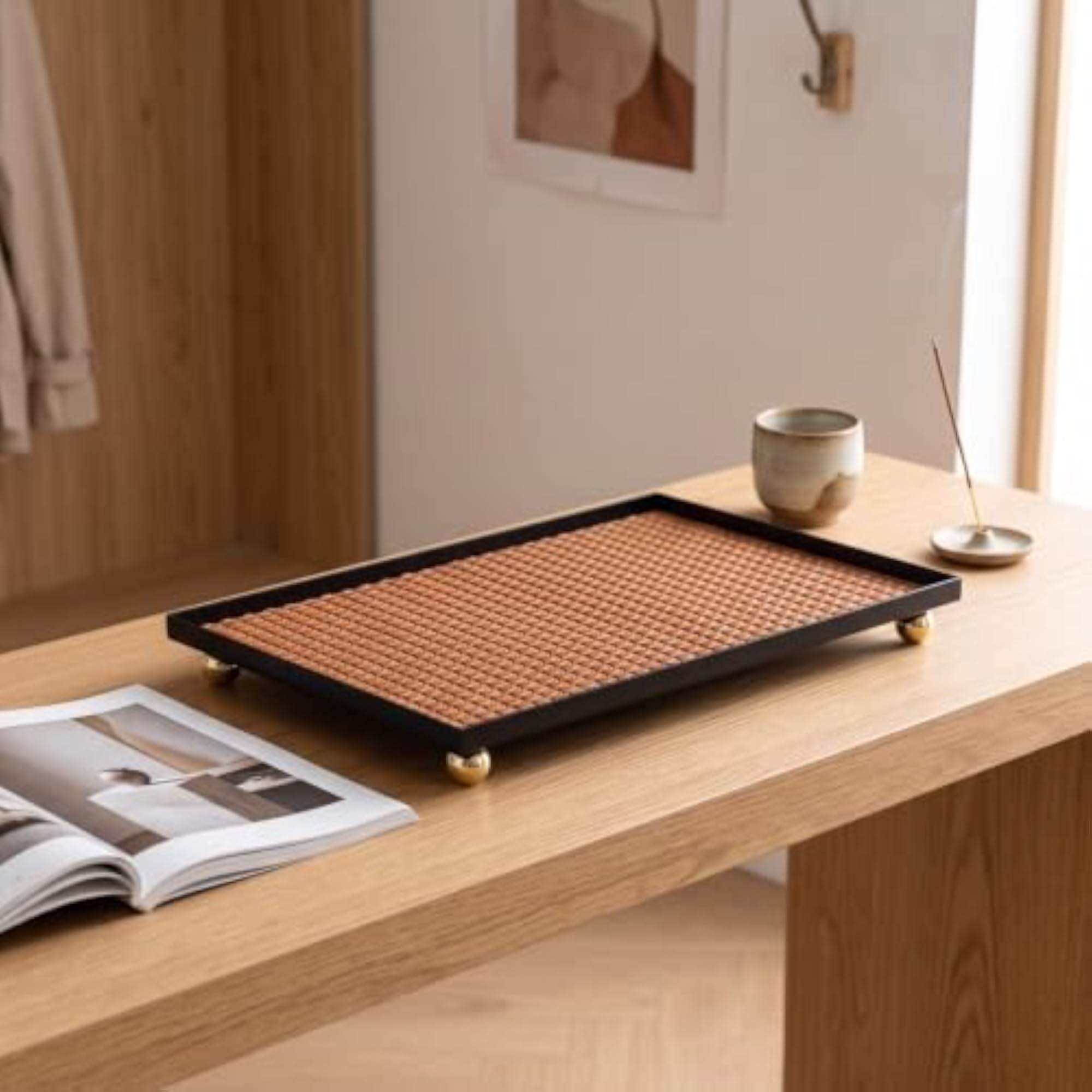 Rectangular Faux Leather Tray, Slim-Frame Decorative Tray