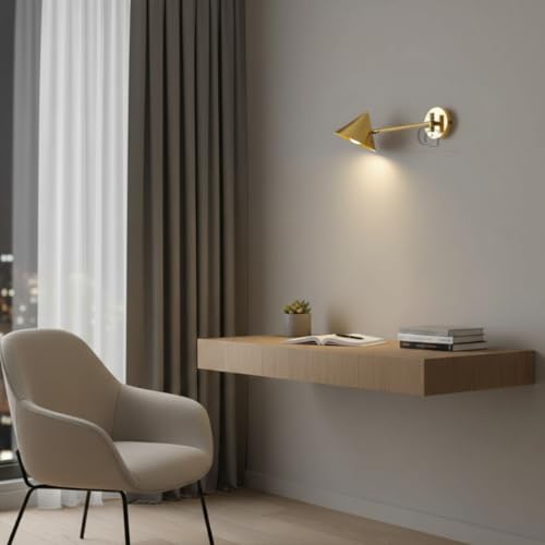 Image of Designer Cone Wall-Mounted Spotlight|Adjustable Arm Bedside Lamp for Ambient & Reading Lighting, Perfect for Bedroom, Office, Living Room, Hotels|Gold