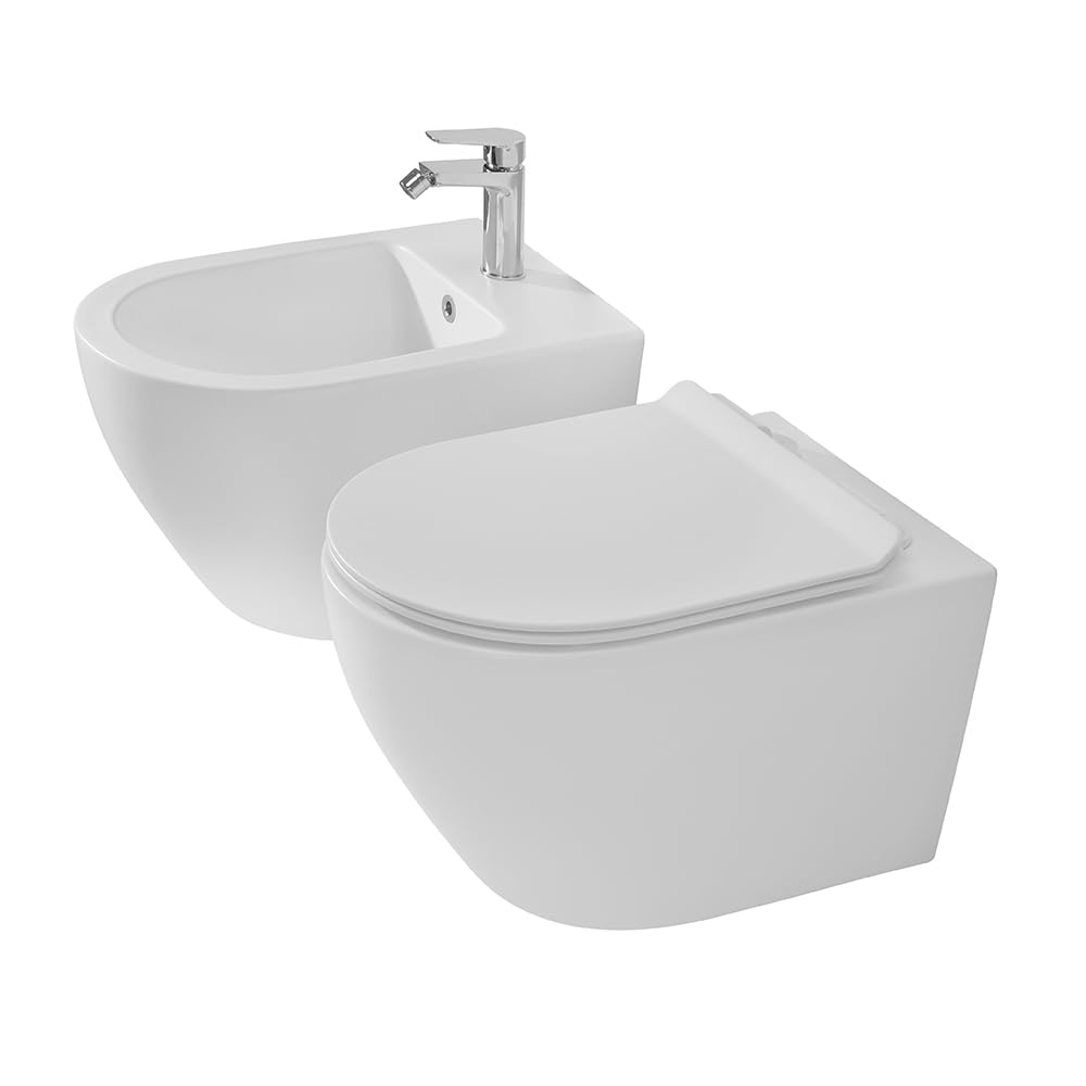 Coppia Sanitari Sospesi Tokyo Rimless Bianco Opaco WC E Bidet Con Sedile Soft-Close
