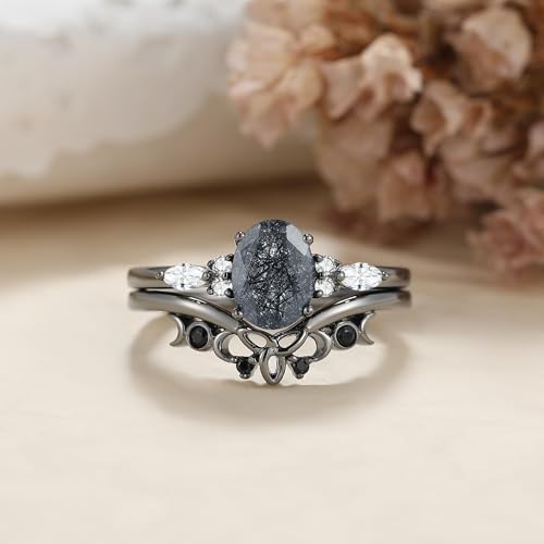 Bague quartz noir rutile et argent 925, alliance gothique d'exception - 2