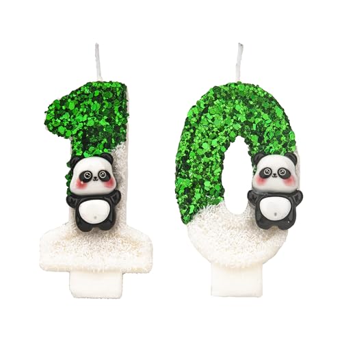 Candele a Forma di Panda, Numero 10, Verdi e Bianche, per 10° Compleanno, Realizzate a Mano, Glitterate, Lucide, Topper per Torta, Perfette per Feste a Tema