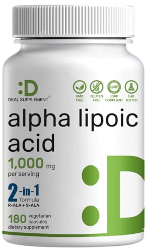 Alpha Lipoic Acid 1 000mg 180 Veggie Capsules 50/50 R-ALA & S-ALA for Max Bioavailability Antioxidant Supplement Energy & Nervous System Support Non-GMO