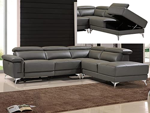 Vente-unique Canapé d'angle Relax électrique en Cuir PASCALINE - Anthracite - Angle Droit
