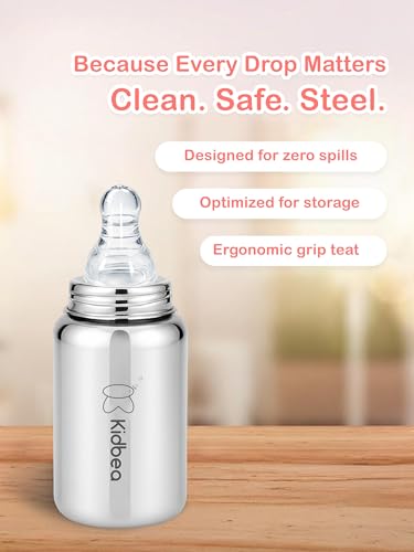 Image of Kidbea Stainless Steel Feeding Bottle 150ml for Babies | BPA Free, Food Grade, Leakproof | Anti-Colic Nipple | Safe & Durable Baby Milk Feeder (Pack of 2)