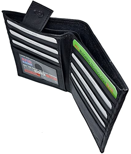 BiFold RFID Leather Men's Businessman's Wallet With ID Window, 13 Credit Card Slots, 2 Hidden Pockets, Divided Currency Compartment & Key Holder P51225 (Black)