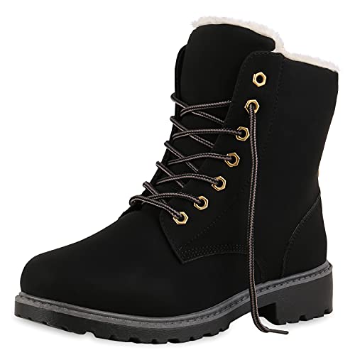 VAN HILL Warm Gefütterte Worker Boots Damen Outdoor Stiefeletten Robust 124552 Schwarz 38