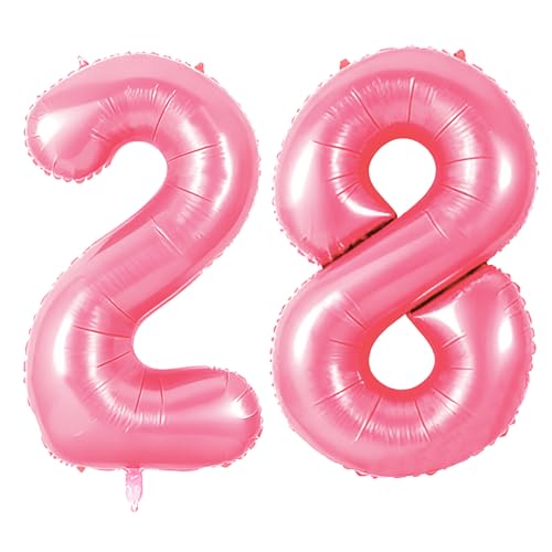 Number 28 Balloons for 28th Birthday Party Decorations, 0-100 Large No.28 Balloons for Women Men and Her Him, 40 Inch Jewelry Pink Foil Helium Balloon for 28 Year Old Anniversary Decorations