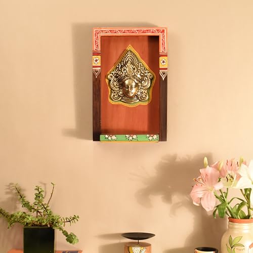 Image of AAKRITI ART CREATIONS Deva Wall Decor Orange Frame with Brass Sculpture of Vishnu Dev | Dhokra Art, Matte Finish | Wooden & Dhokra Wall Shelf Decor for Home