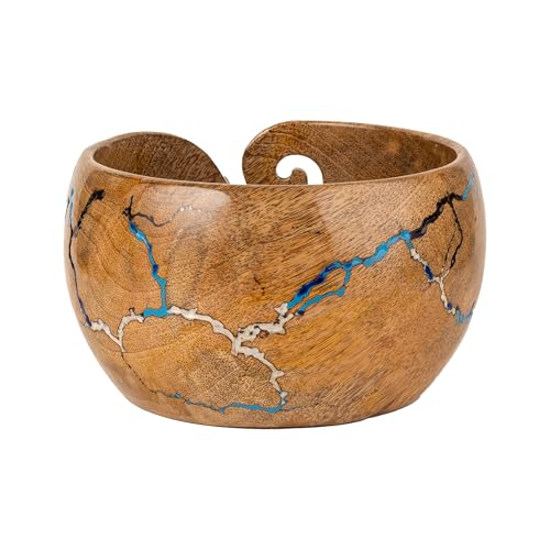 Image of Wooden Yarn Bowl for Crocheting, 7x4 inch Large Crochet Holder Gift Accessories and Knitting Gadgets Supplies Handcrafted with Mango wood Fractal Burning & Blue,White,Black Resin Inlay (M-Multi)
