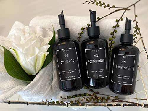 Refillable Shampoo And Conditioner Bottles - Empty Soap Dispenser Set Of 5 (16.9Oz) - Plastic Bathroom Shower Dispensers For Body Wash Lotion Hand & Dish Soap (Amber Bottles - Black Labels) #TOP2