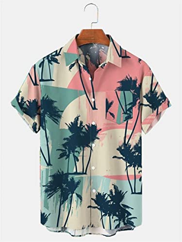 Camisa Hawaiana para Hombre, Camisa Hawaiana De Verano para Hombre Árbol De Coco Pintado De Rosa Manga Corta Camisa De Playa Botón Casual Camiseta De Fiesta De Secado Rápido Camiseta Hawaiana Par Cover