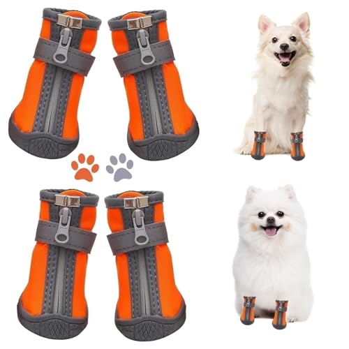 Dog Shoes for Small Dogs, Puppy Dog Boots & Paw Protector for Winter Snow Day, Summer Hot Pavement, Waterproof in Rain Weather, Ourdoor Hiking, Indoor Hardfloors with Anti Slip Sole 4PCS/Set