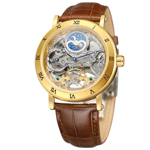 Image of FORSINING Men's Self Winding Automatic Watch Tourbillon Analog Skeleton Movement Moon Phase Wrist Watch with Genuine Leather Strap