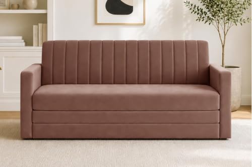 Image of Modern Three Seater Sofa Cum Bed with Armrest, Velvet Fabric Sofa for Living Room, Space Saving Foldable Sleeper Sofa - Brown