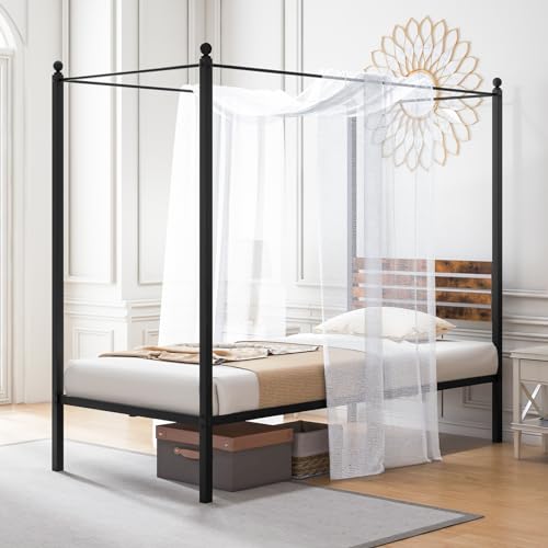 Giantex Metal Canopy Bed Frame Twin Size, 4-Poster Platform Bed with Industrial Headboard and Under Bed Storage, Heavy-Duty Mattress Foundation No Box Spring Needed, Easy Assembly, Black