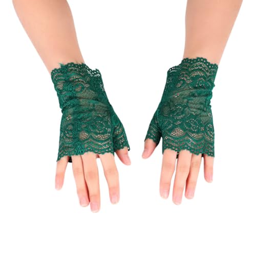 Whakano 1 Paar Damen Fingerlose Spitzen Handschuhe,Kurze Hochzeitshandschuhe,Kurz Geschnittene Fingerlose Gloves Damen Mädchen Braut,für Halloween,Bankett,Party,Hochzeit,Tea Party Zubehör,Dunkelgrün
