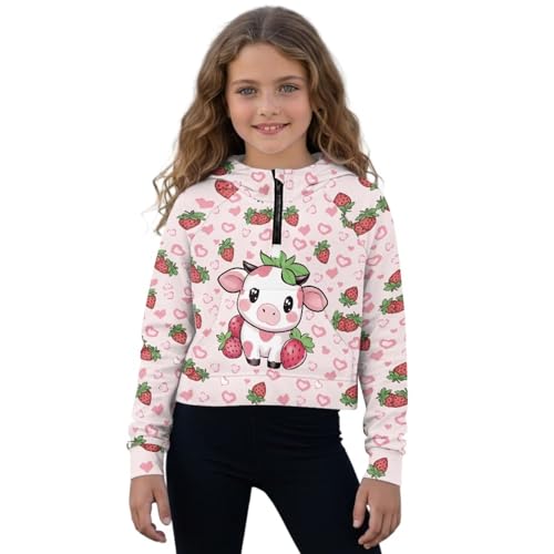 Sweat fille Coeurs Vache Fraise Rose à demi-fermeture éclair